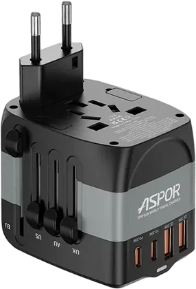 Мережевий зарядний пристрій Aspor A892 Multifunction Travel Adapter EU/UK/US/AU (2USB-C/2USB-A/20W)- чорний Мережевий зарядний пристрій Aspor A892 Multifunction Travel Adapter EU/UK/US/AU (2USB-C/2USB-A/20W)- чорний