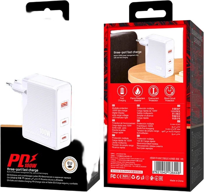 Мережевий зарядний пристрій Jokade JB059 (1USB/2USB-C/PD100W)- білий