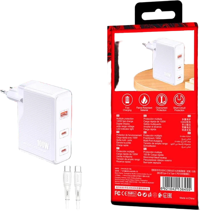 Мережевий зарядний пристрій Jokade JB060 (1USB/2USB-C/PD100W) + кабельType-C - Type-C -білий