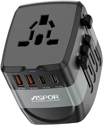 Мережевий зарядний пристрій Aspor A892 Multifunction Travel Adapter EU/UK/US/AU (2USB-C/2USB-A/20W)- чорний