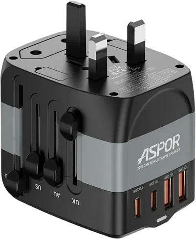 Мережевий зарядний пристрій Aspor A892 Multifunction Travel Adapter EU/UK/US/AU (2USB-C/2USB-A/20W)- чорний