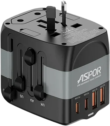 Мережевий зарядний пристрій Aspor A892 Multifunction Travel Adapter EU/UK/US/AU (2USB-C/2USB-A/20W)- чорний