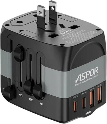 Мережевий зарядний пристрій Aspor A892 Multifunction Travel Adapter EU/UK/US/AU (2USB-C/2USB-A/20W)- чорний