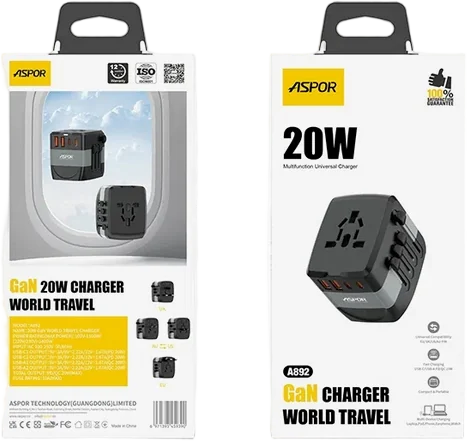 Мережевий зарядний пристрій Aspor A892 Multifunction Travel Adapter EU/UK/US/AU (2USB-C/2USB-A/20W)- чорний