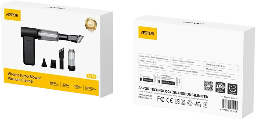 Портативний пилосос Aspor A751 (8000mAh/200W/9000PA/7.5V)- чорний